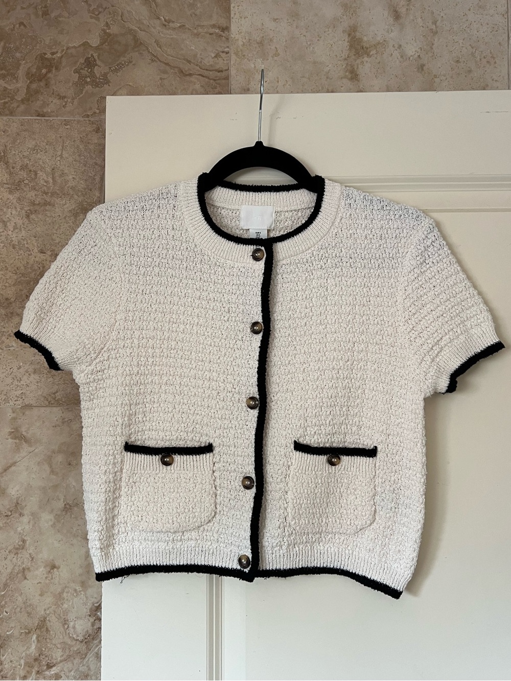 White Short-Sleeve Knit Cardigan with Black Trim